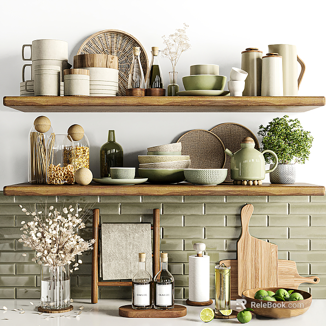 Organized Kitchenware On Shelves With Dishes Mugs Herb Plant Cutting Board And Tile Wall 3d model 