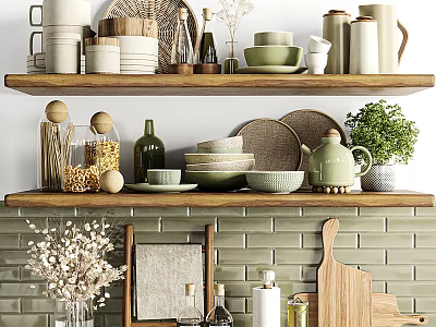 Organized Kitchenware On Shelves With Dishes Mugs Herb Plant Cutting Board And Tile Wall 3d model