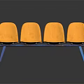 Four Yellow Public Chairs With Blue Legs On Dark Reflective Surface 3d model