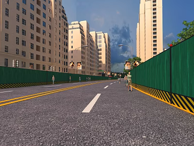 Urban Road Infrastructure With Green Fences Yellow White Lane Markings And Street Lamps 3d model