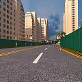 Urban Road Infrastructure With Green Fences Yellow White Lane Markings And Street Lamps