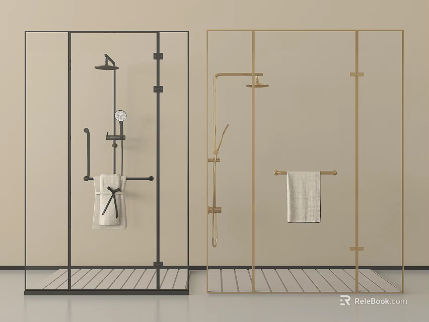 Modern Shower Head in Black and Gold Framed Glass Enclosures with Towel Racks and Towels 3d model 