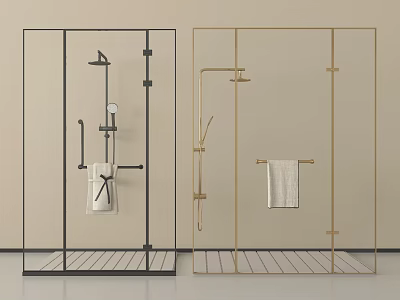 Modern Shower Head in Black and Gold Framed Glass Enclosures with Towel Racks and Towels 3d model