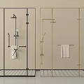 Modern Shower Head in Black and Gold Framed Glass Enclosures with Towel Racks and Towels