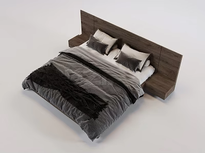 Double Bed With Wooden Headboard Gray White Pillows Striped Quilt And Black Blanket 3d model