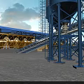 Industrial Factory Featuring Blue Roof Yellow Equipment Orange Construction Vehicles And White Blue Storage Silos