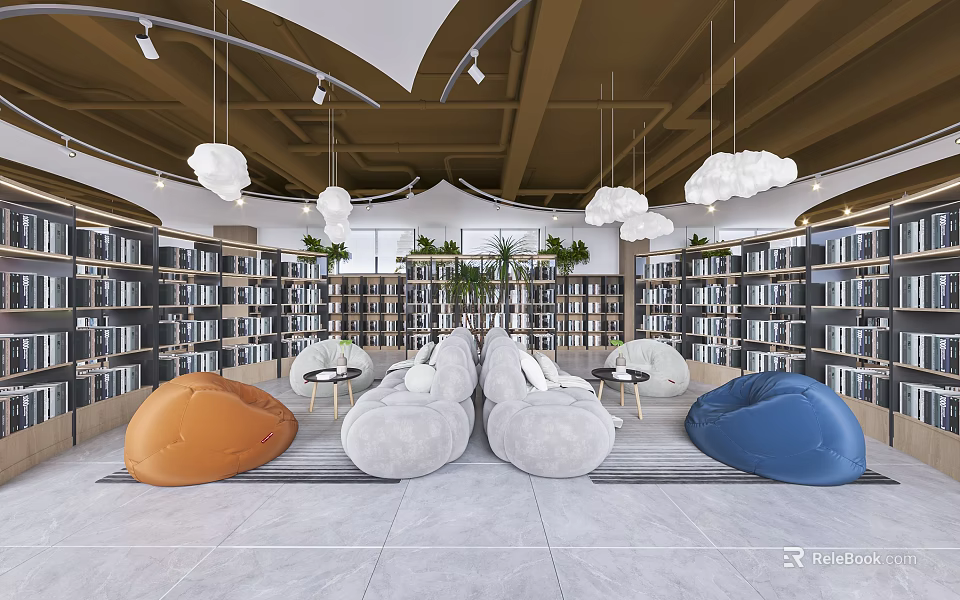 Book Art Library Space With Cozy Seats And Cloud Lamps 3d model 