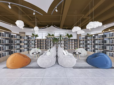 Book Art Library Space With Cozy Seats And Cloud Lamps 3d model
