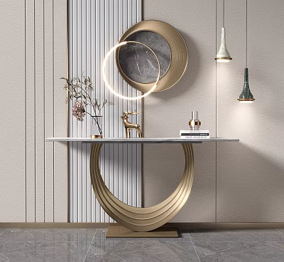 Modern Console Table With Gold Circular Base And Decorative Deer Figurine On Striped Wall Background 3d model