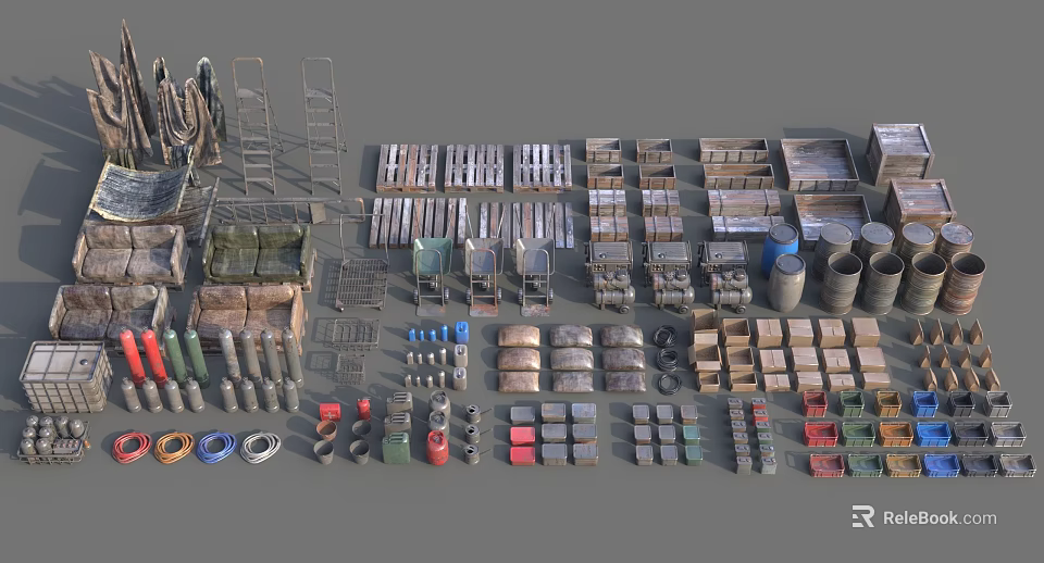 Essential Industrial Equipment Collection Featuring Pallets Trolleys Metal Drums And Tools 3d model 