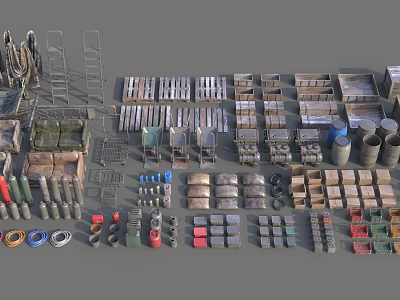 Essential Industrial Equipment Collection Featuring Pallets Trolleys Metal Drums And Tools 3d model