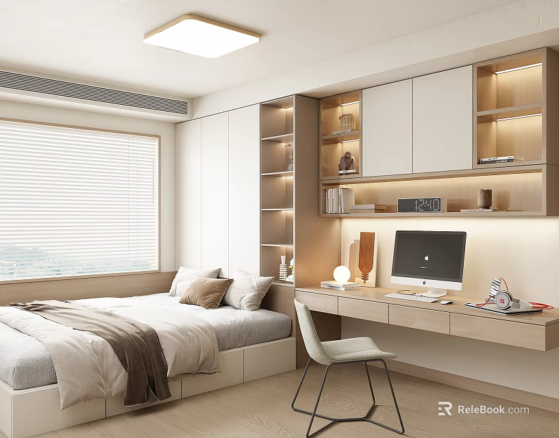 Minimalist Tatami Bedroom Interior With Platform Bed Study Desk And Built in Shelves 3d model 