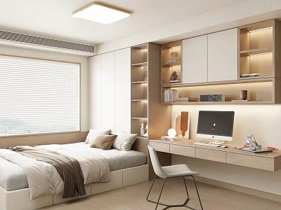 Minimalist Tatami Bedroom Interior With Platform Bed Study Desk And Built in Shelves 3d model