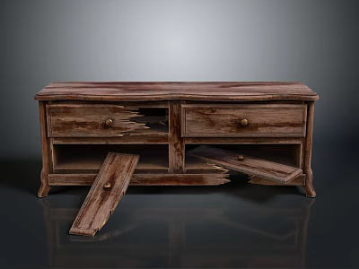 Damaged Wooden TV Stand Featuring Broken Drawers And Detached Cabinet Doors 3d model