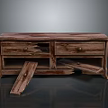 Damaged Wooden TV Stand Featuring Broken Drawers And Detached Cabinet Doors