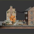 Miniature Outdoor Scene With Brick Buildings Suspension Bridge Orange Tree And Paved Ground