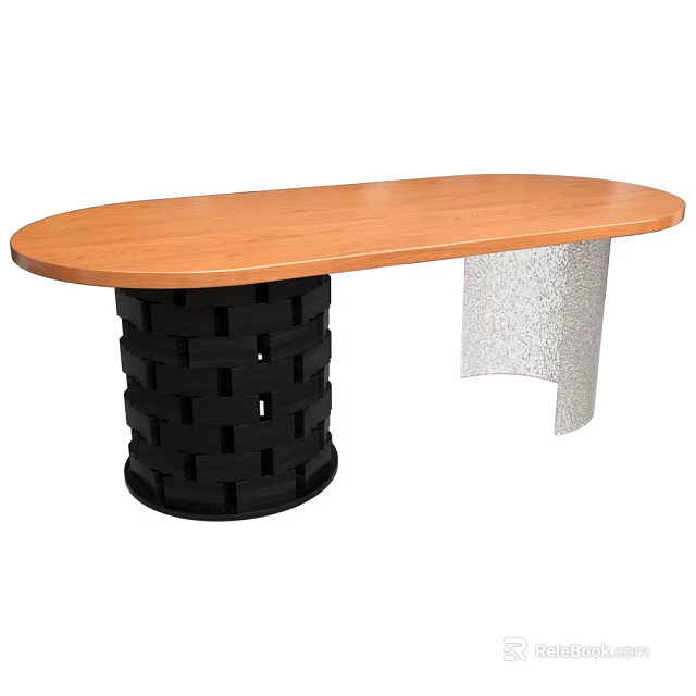 Oval Wooden Top Dining Table With Black Woven Base And Silver Metal Support 3d model 