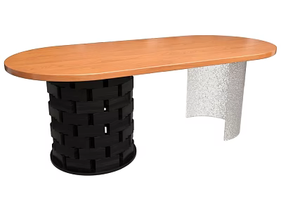 Oval Wooden Top Dining Table With Black Woven Base And Silver Metal Support 3d model