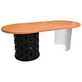 Oval Wooden Top Dining Table With Black Woven Base And Silver Metal Support