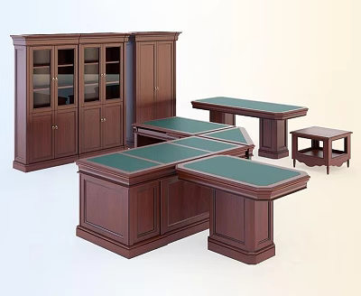 Traditional Wooden Office Desk Set With Green Top And Storage Cabinets 3d model