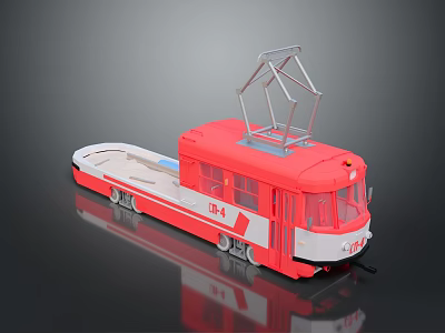 Shiny Red Electric Tram Bus Model with Metal Frame Top White Body Windows and Wheels 3d model