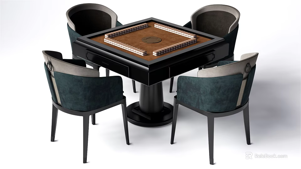 Stylish Entertainment Table with Four Dark Green Upholstered Armchairs and Modern Wooden Tabletop Design 3d model 