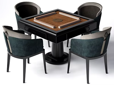 Stylish Entertainment Table with Four Dark Green Upholstered Armchairs and Modern Wooden Tabletop Design 3d model
