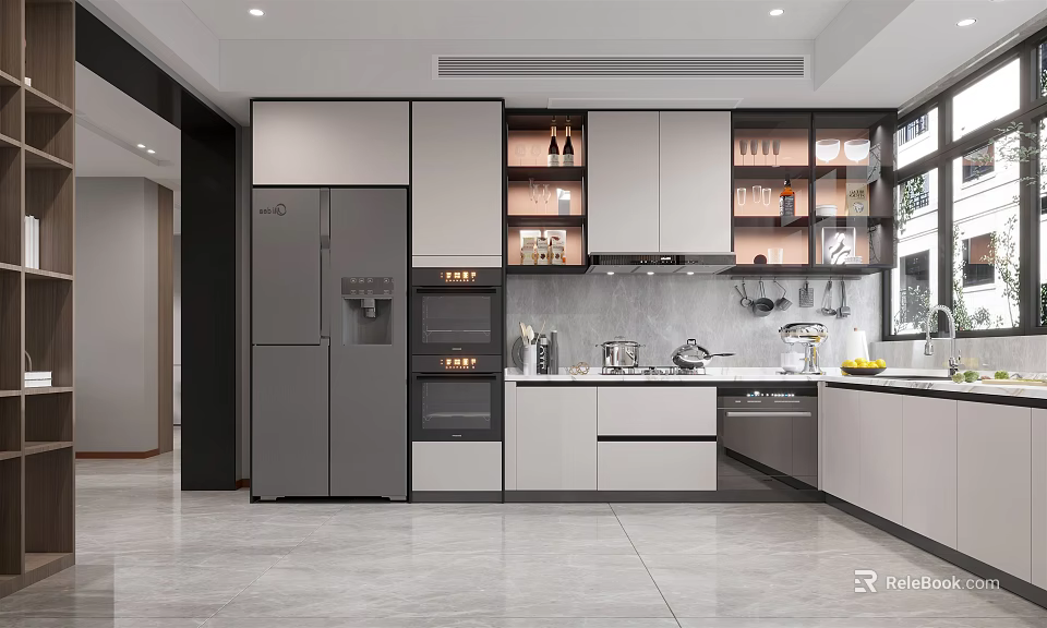 Modern Kitchen Interior With Gray Cabinets Refrigerator Oven Upper Cabinets Glass Doors Countertop And Sink 3d model 