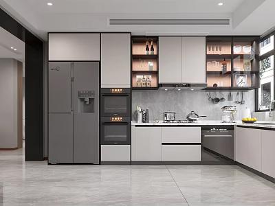 Modern Kitchen Interior With Gray Cabinets Refrigerator Oven Upper Cabinets Glass Doors Countertop And Sink 3d model