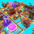 Vibrant Cartoon Village Scene With Colorful Buildings Round Domes And Paths