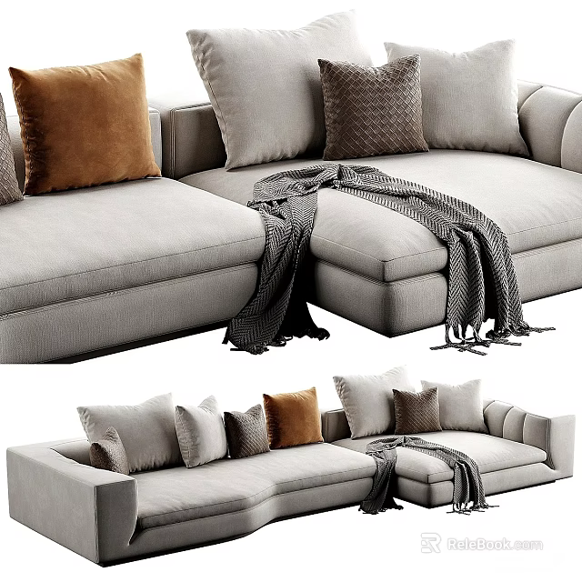 Modern Light Gray Sectional Sofa With Decorative Pillows And Throw Blanket 3d model