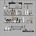 Bathroom Accessories Organized on Shelves Including Toiletries Bottles Towels Hooks and Small Plants