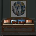 Wooden Carved Three-Seater Sofa with Colorful Cushions and Round Abstract Painting on Gray Wall