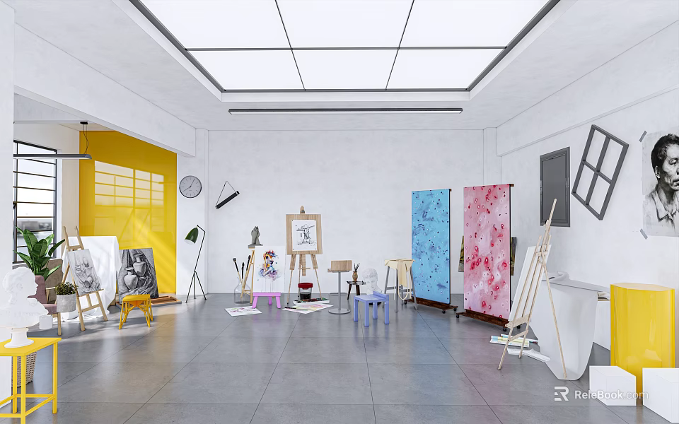 School Art Classroom Equipped With Easels Drawing Boards Colorful Chairs And Art Supplies 3d model 