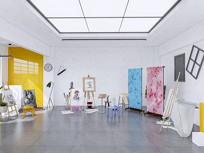 School Art Classroom Equipped With Easels Drawing Boards Colorful Chairs And Art Supplies 3d model