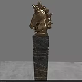 Wooden Horse Head Sculpture On Marble Pedestal With Intricate Carving Details