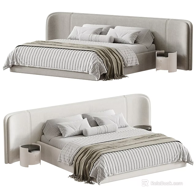 Modern Double Bed Interior With Upholstered Headboard Striped Linen Pillows And Nightstand 3d model 
