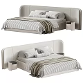 Modern Double Bed Interior With Upholstered Headboard Striped Linen Pillows And Nightstand