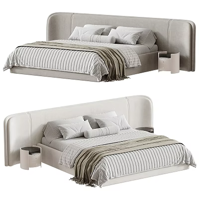 Modern Double Bed Interior With Upholstered Headboard Striped Linen Pillows And Nightstand 3d model