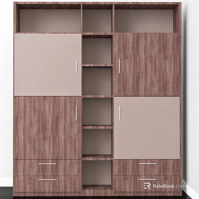 Modern Wooden Wardrobe Design With Mix Of Closed Doors And Open Storage Shelves 3d model 