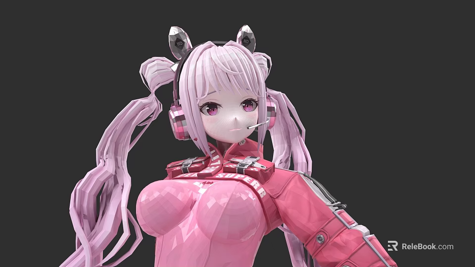 Game And Movie Character With Pink Long Pigtails Cat Ears Headphones And Purple Eyes 3d model 