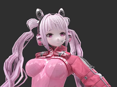 Game And Movie Character With Pink Long Pigtails Cat Ears Headphones And Purple Eyes 3d model