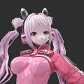 Game And Movie Character With Pink Long Pigtails Cat Ears Headphones And Purple Eyes
