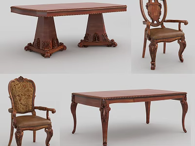 Classic Wooden Dining Table With Carved Legs And Upholstered Chairs Design 3d model