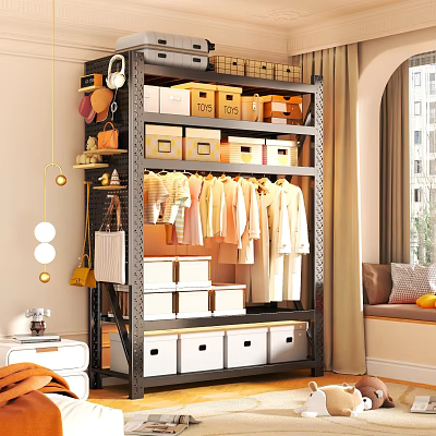 Black Metal Clothes Rack with Storage Boxes and Hanging Clothes in Bedroom Closet 3d model