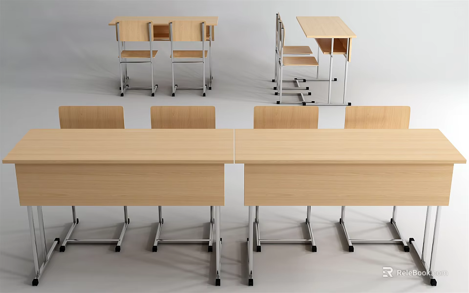 Modern Wooden Desk Set With Metal Frame And Matching Chairs For Office Use 3d model 