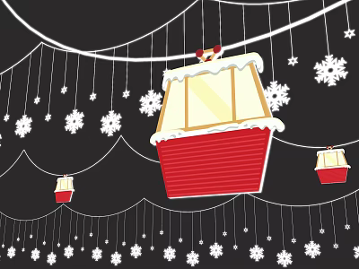 Red Snow Topped Art Installation With Hanging Snowflakes And Suspended Cabins 3d model