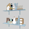 Organized Kitchen Shelf Displaying Dinnerware Set With Cups Jars Utensils And Wooden Cutting Board