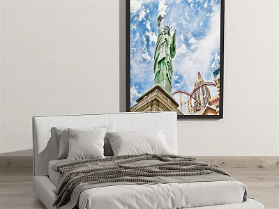 White Double Bed With Gray Blanket Pillows On Wooden Floor Featuring Statue Of Liberty Painting 3d model