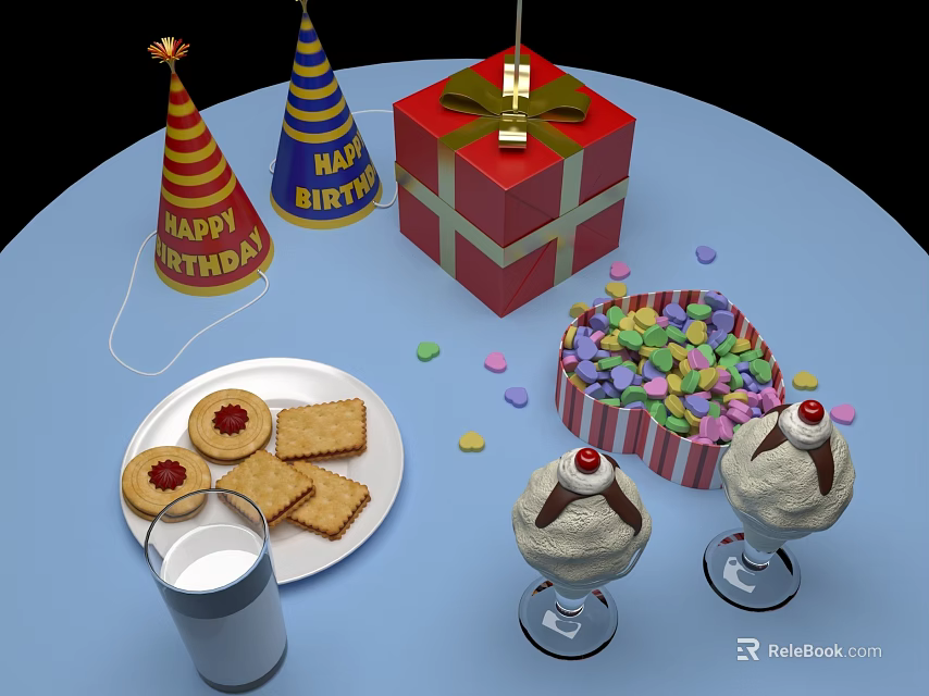 Delicious Birthday Food Spread with Ice Cream Desserts Cookies Milk and Colorful Candies 3d model 
